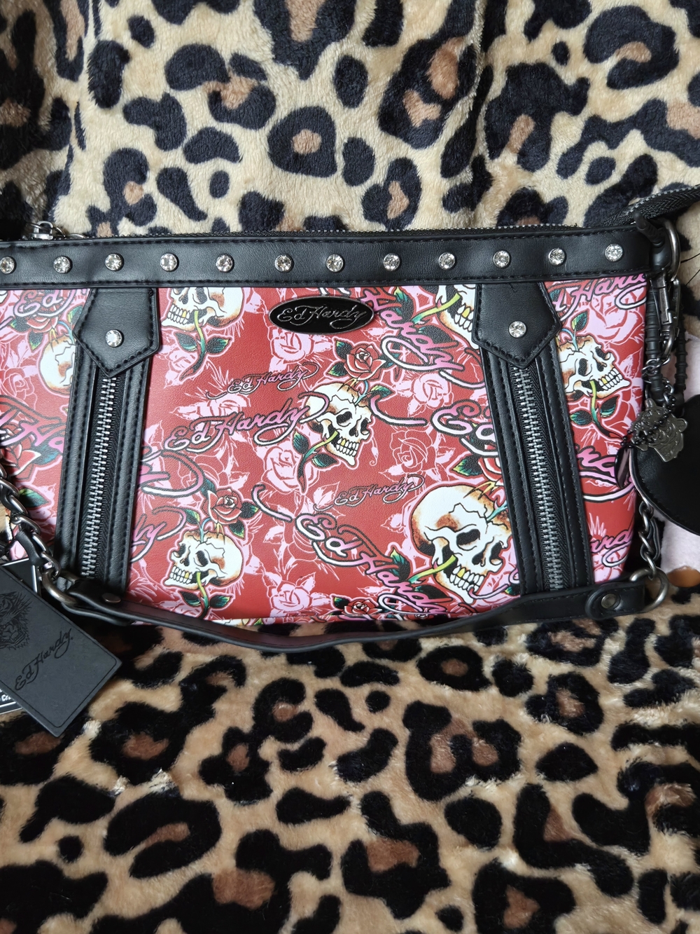 Ed Hardy Red Skull & Rose Shoulder Bag with Black Trim and Studs